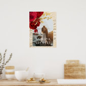 モダンなアーチ写真 ワインレッド フラワー ウェルカム ウェディング ポスター (キッチン)