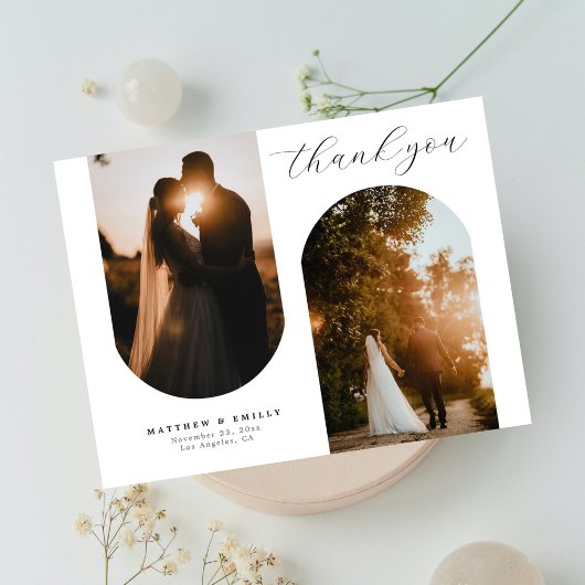 モダンなアーチ型フォトコラージュの結婚式お礼カード ポストカード