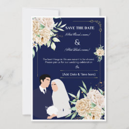 モダンなイスラム式結婚式の招待状 - 紺とゴールドの花 招待状