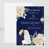 モダンなイスラム式結婚式の招待状 - 紺とゴールドの花 招待状 (正面/裏面)