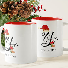 モダンなイニシャルスクリプトの上品なクリスマス ツートーンマグカップ