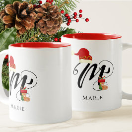 モダンなイニシャルモノグラムのMのクリスマス ツートーンマグカップ