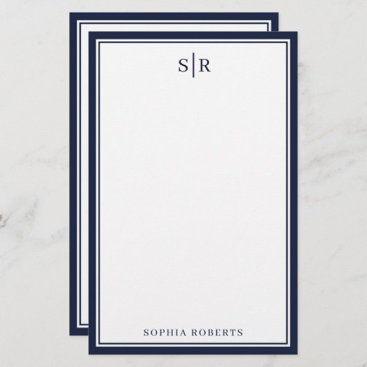 モダンなイニシャル ネイビーブルー 白 カスタムネーム 便箋 (正面/裏面)