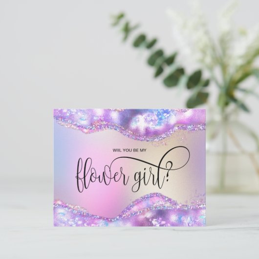 モダンなイリデッセントオパール、あなたは私のフラワーガールになってくれますか? 招待状 (スタンド正面)