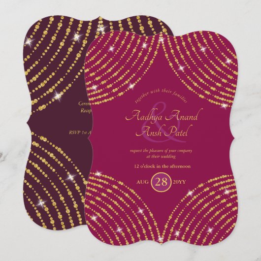 モダンなインドのウェディング ピンク セリス パープル ゴールド 招待状 (正面/裏面)