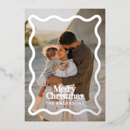 モダンなウェーブエッジ チェック 緑の写真 クリスマス 箔招待状
