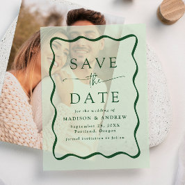 モダンなウェーブグリーンフレームの結婚式Save the Date ベラム紙招待状