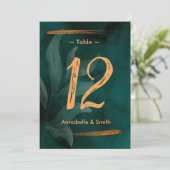 モダンなエメラルドグリーンと葉のテーブルナンバー 招待状 (スタンド正面)