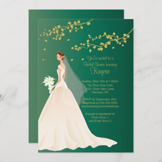 モダンなエメラルドグリーンの花嫁のブライダルシャワーの招待 招待状 (正面/裏面)