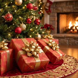 モダンなエレガンス ボタニカル クリスマスのレッドゴールド ラッピングペーパー