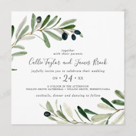 モダンなオリーブの枝の四角い結婚式 招待状
