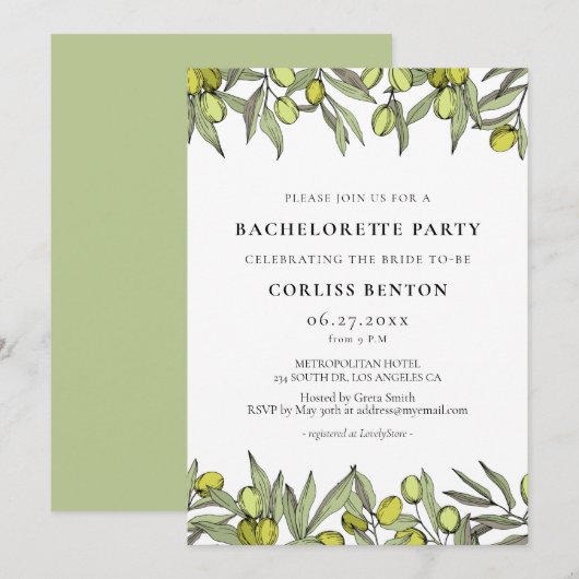 モダンなオリーブの枝を使った独身最後のパーティー 招待状 (正面/裏面)