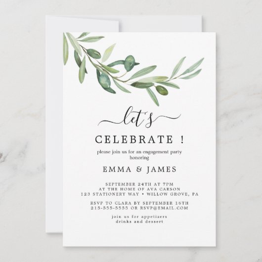 モダンなオリーブの枝 "お祝いしよう" 招待状 (正面)