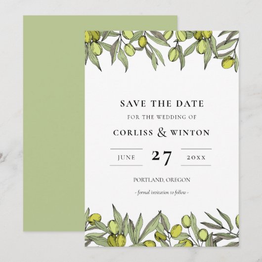 モダンなオリーブの枝 Save the date 招待状 (正面/裏面)