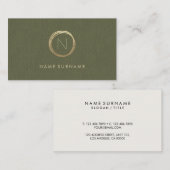 モダンなオリーブ色のリネンエレガントな金ゴールドのモノグラム 名刺 (正面/裏面)
