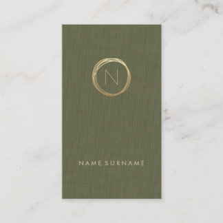 モダンなオリーブ色のリネン金ゴールドのモノグラムの垂直 名刺