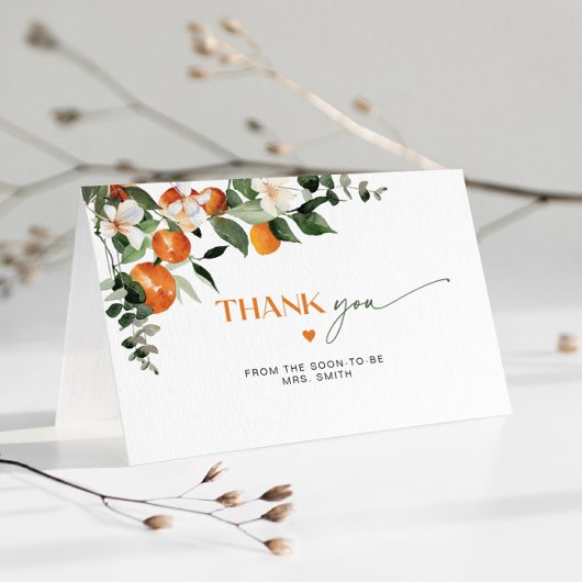 モダンなオレンジ色のシトラス テーマのブライズ シャワー サンキューカード