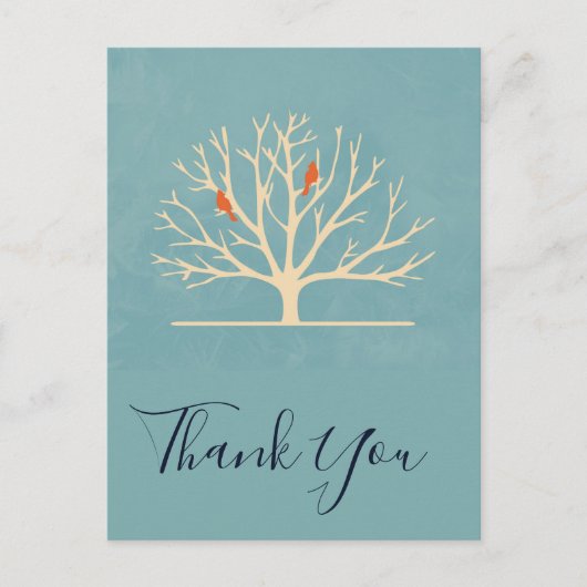 モダンなオレンジ色の鳥たちを大きな木で表現した感謝カード ポストカード (正面)