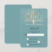 モダンなオレンジ色の鳥たち 大きな木のRSVP 出欠カード (正面/裏面)