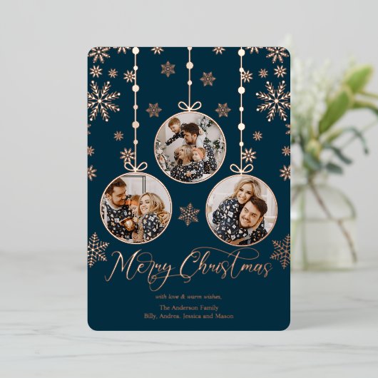 モダンなオーナメントの写真が付いたクリスマスカード 箔シーズンカード (立ち正面)