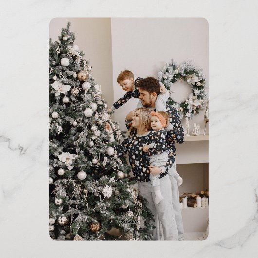 モダンなオーナメントの写真が付いたクリスマスカード 箔シーズンカード (裏面)