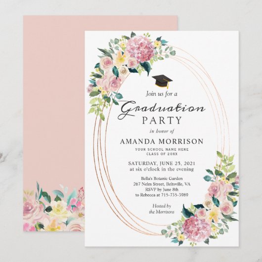 モダンなオーバルフレーム パステルフラワー 卒業パーティー 招待状 (正面/裏面)