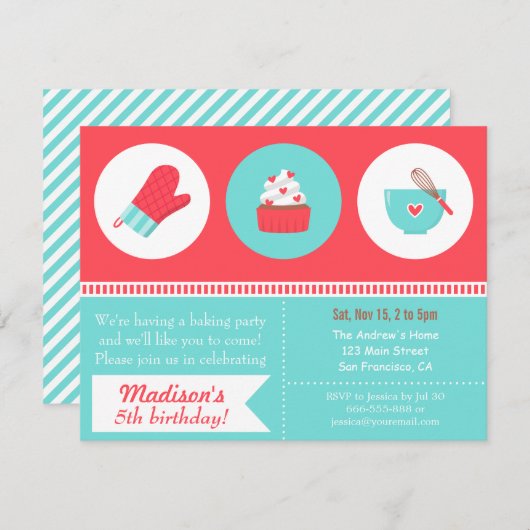 モダンなカップケーキの料理のベーキングの誕生会 招待状 (正面/裏面)