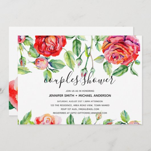 モダンなカップルシャワー 水彩ローズ手書き 招待状 (正面/裏面)