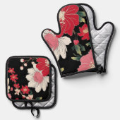 モダンなカラフルな桜の花の日本の誕生日パーティー 鍋つかみ&鍋敷きセット (正面/裏面)