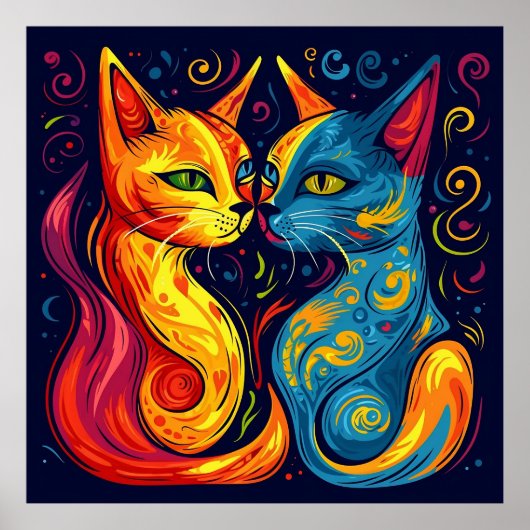 モダンなカラフルアブストラクトの幻想的な猫 ポスター (正面)