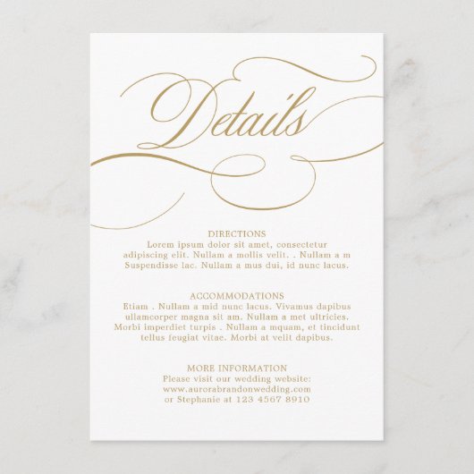 モダンなカリグラフィーが施されたタイムレスなゴールドとホワイトのウェディング エンクロージャーカード (正面)
