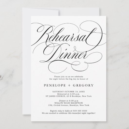 モダンなカリグラフィーが時を超える ブラック リハーサル ディナー 招待状 (正面)
