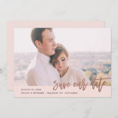 モダンなカリグラフィーの写真でお知らせ セーブザデート (正面/裏面)