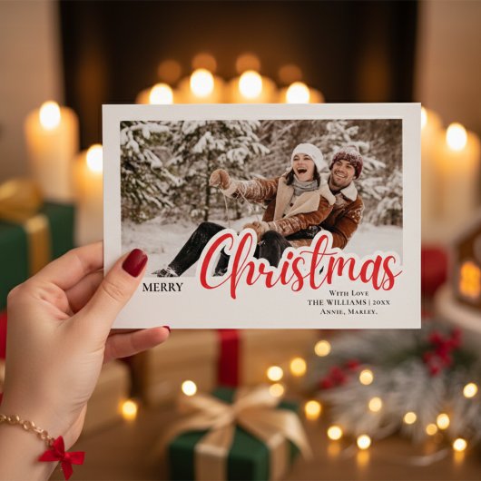 モダンなカリグラフィーの家族クリスマス写真 シーズンカード