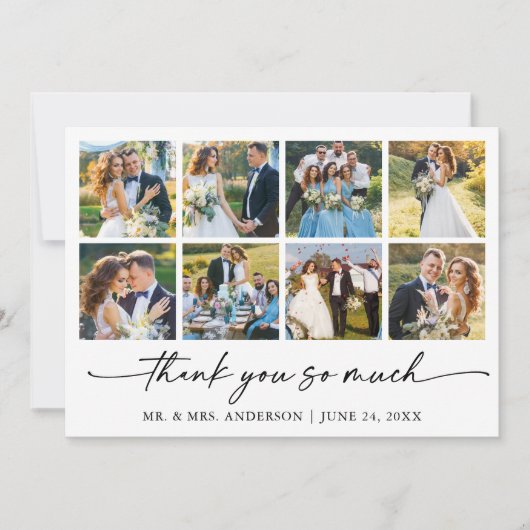 モダンなカリグラフィーインクペンスクリプトウェディング 8 フォト サンキューカード (正面)