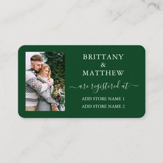 モダンなカリグラフィー写真ウェディングレジストリーグリーン エンクロージャーカード (正面)