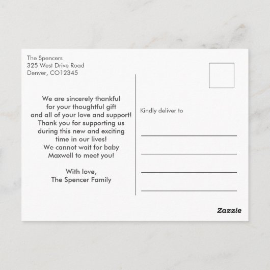 モダンなカリグラフィー写真 ベビーボーイ ありがとう ポストカード (裏面)