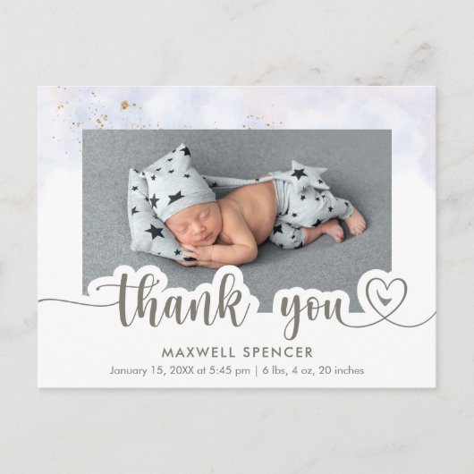 モダンなカリグラフィー写真 ベビーボーイ ありがとう ポストカード (正面)