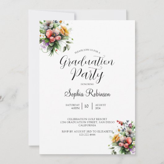 モダンなカリグラフィー エレガントな花の卒業パーティー 招待状 (正面)