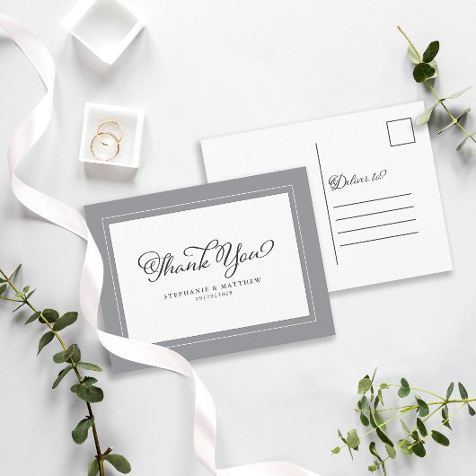 モダンなカリグラフィー グレー おしゃれ 結婚式 お礼 ポストカード