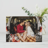 モダンなカリグラフィー スクリプト ハッピー ホリデーズ フォト レッド シーズンカード (スタンド正面)