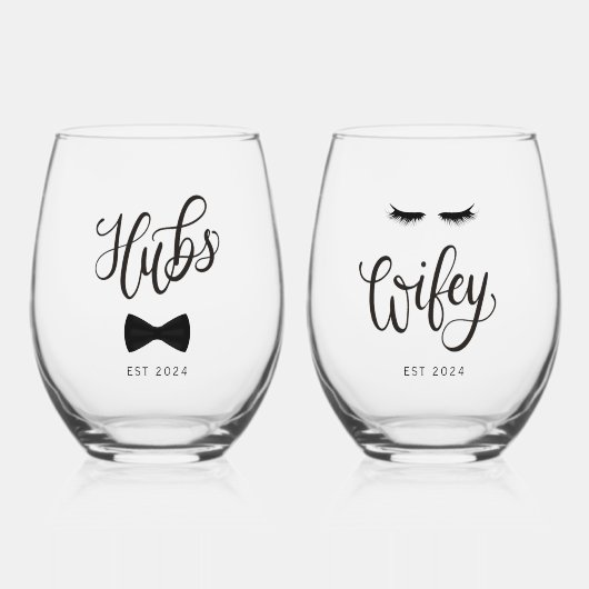 モダンなカリグラフィー ハブス＆ワイフ カップルギフト ステムなしワイングラス (正面)