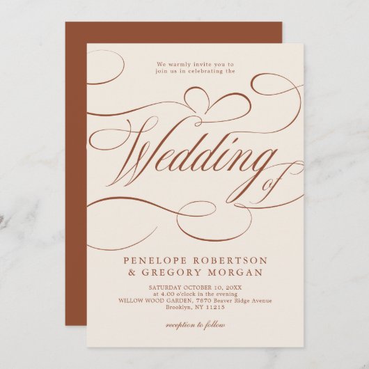 モダンなカリグラフィー 永恒のテラコッタ ウェディング 招待状 (正面/裏面)