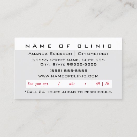 モダンなガラス製の義眼の検査のアポイントメントのメモ 予約カード (裏面)