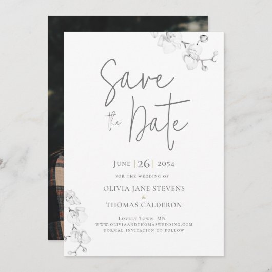 モダンなガーデンオーキッドのウェディングフォトセーブザデート 招待状 (正面/裏面)