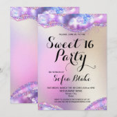 モダンなガーリーエレガント グリッター 16歳の誕生日 オパール 招待状 (正面/裏面)