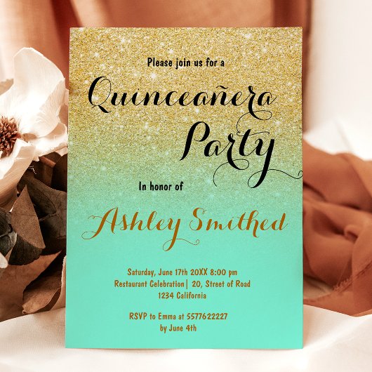 モダンなガーリーゴールドグリッター ミントグリーン キンセアニエラ 招待状