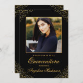 モダンなキンチェアネラ フォト ゴールド グリッター ブラック 招待状 (正面/裏面)