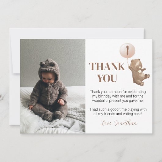 モダンなクマの風船の誕生日写真ありがとうカード サンキューカード (正面)