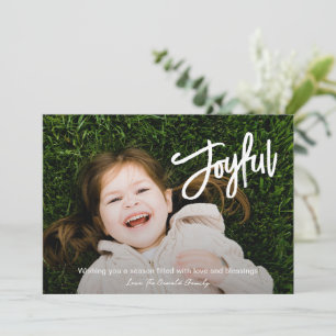 モダンなクリスマスのイラスト入り 高級感のある筆記体で「Joyful」と綴った フォトクリスマスカー シーズンカード